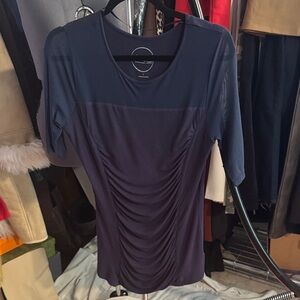 INC International Concepts Navy Ruched Blouse, Sheer Sleeves size L